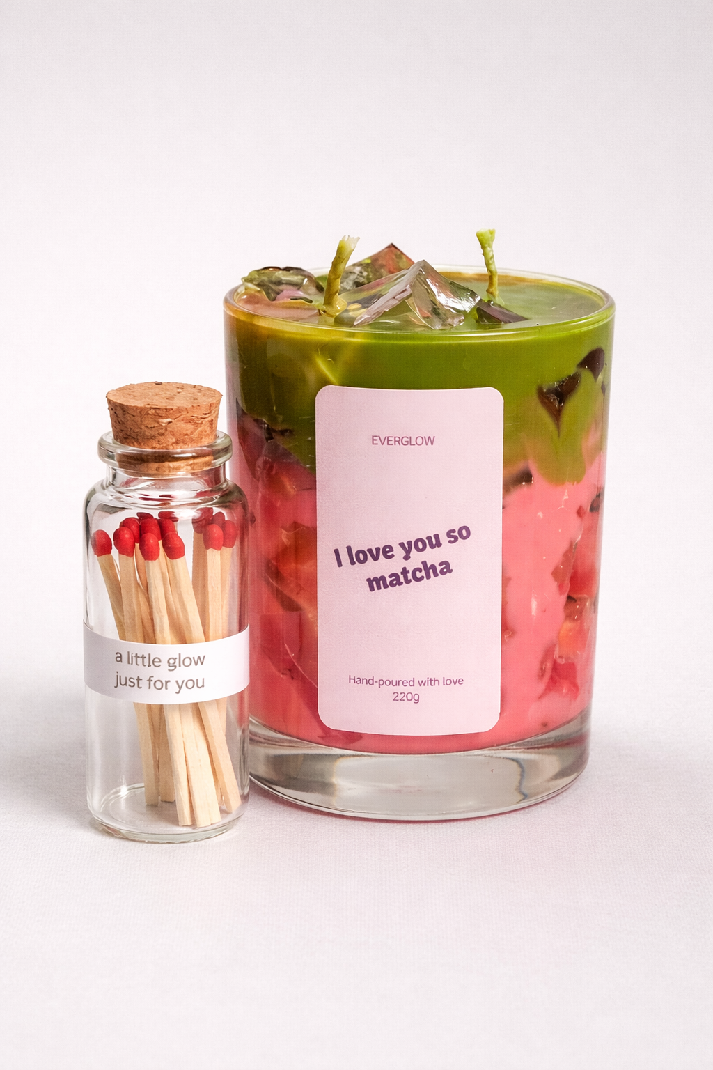 Matcha Latte Handmade Soy candle set with matches jar, scented,  two wicks