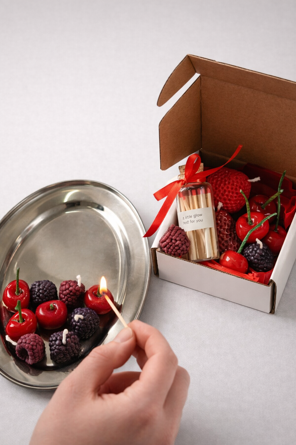 Mini Soy Wax Fruit Candle Set with matches  Realistic Berries - Strawberry, Cherry, Raspberry, blackberry
