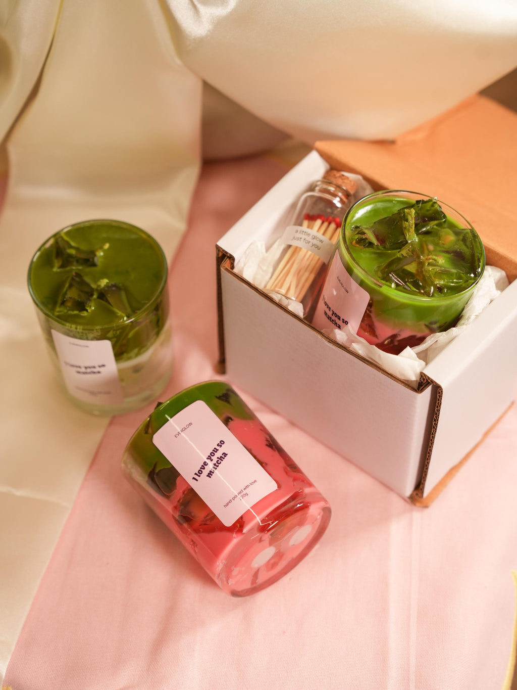 Matcha Latte Handmade Soy candle set with matches jar, scented,  two wicks