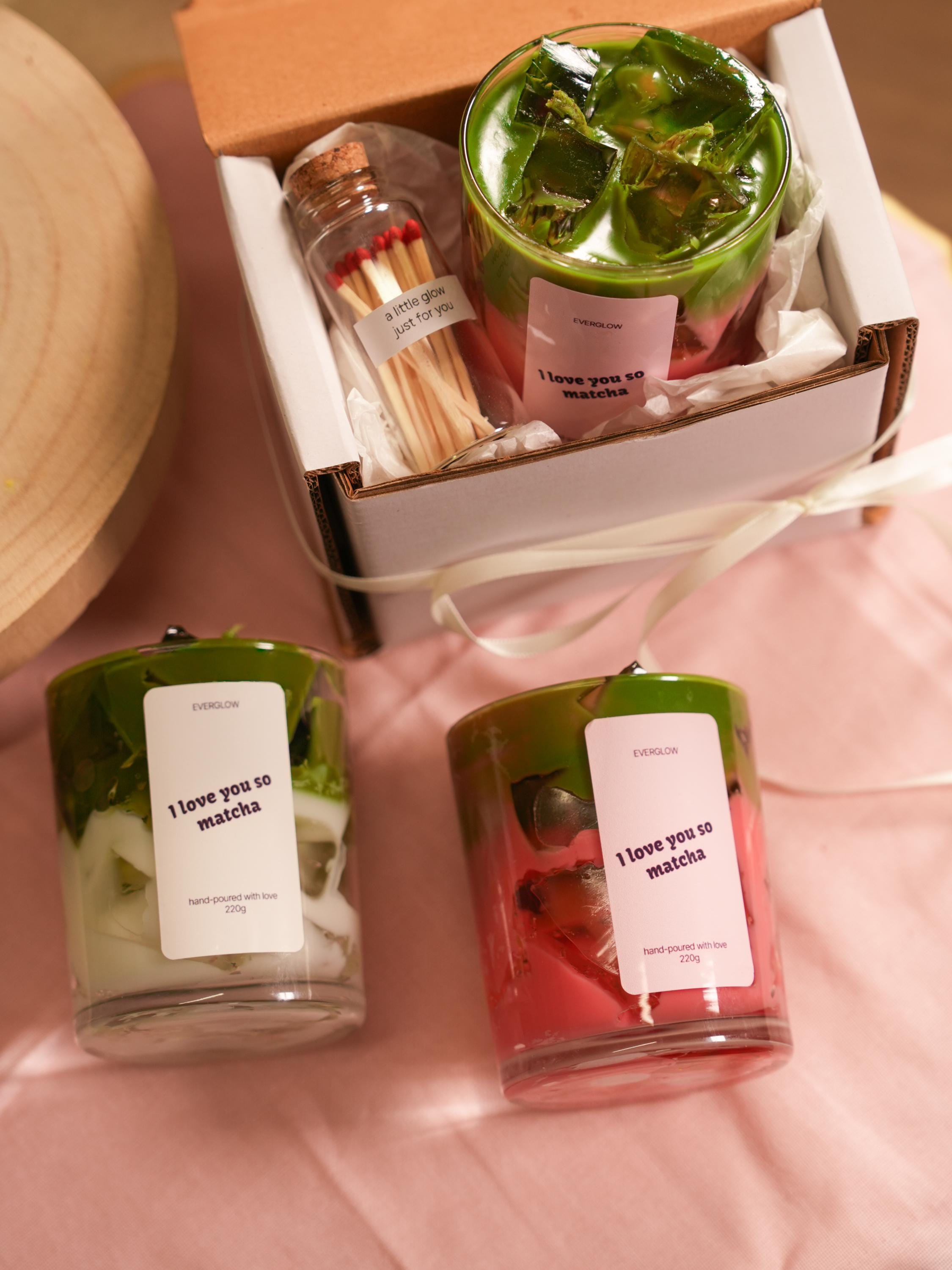 Matcha Latte Handmade Soy candle set with matches jar, scented,  two wicks