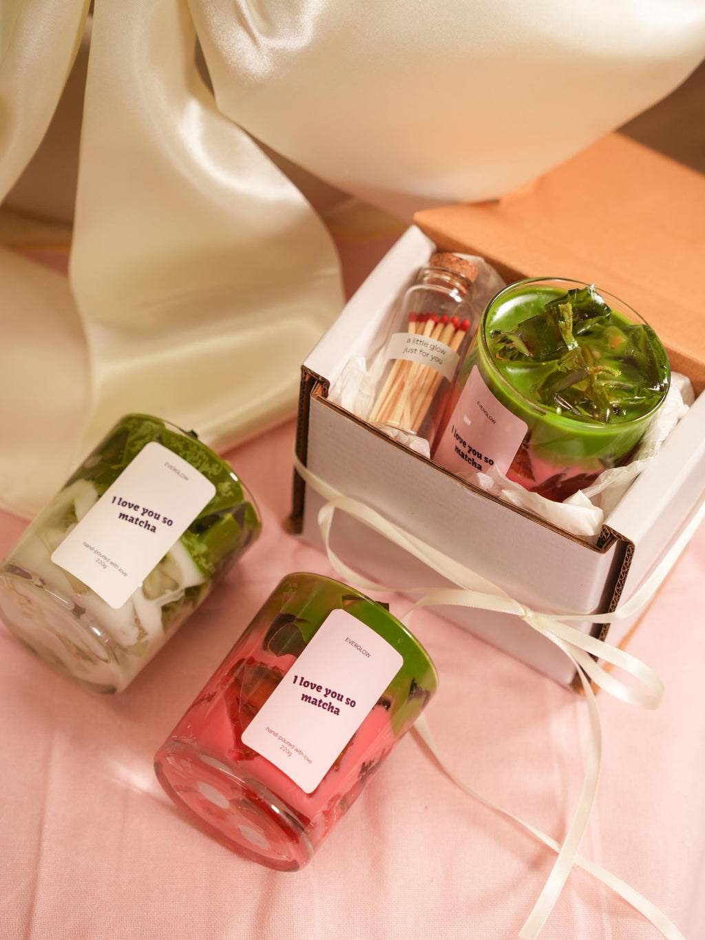 Matcha Latte Handmade Soy candle set with matches jar, scented,  two wicks