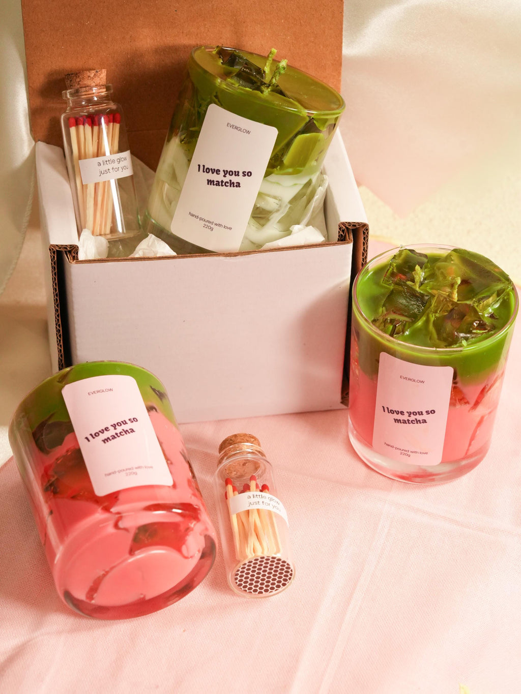 Matcha Latte Handmade Soy candle set with matches jar, scented,  two wicks