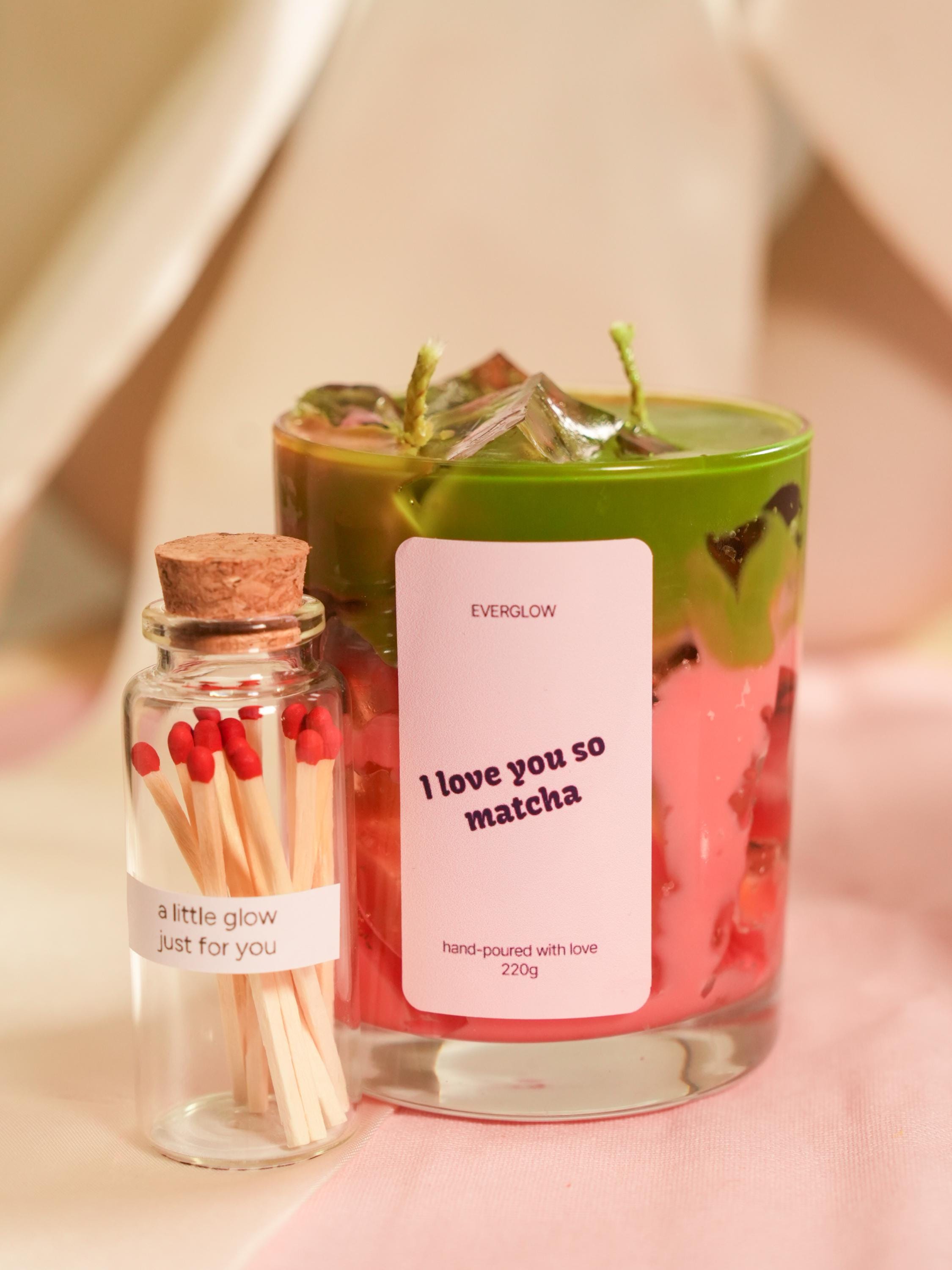 Matcha Latte Handmade Soy candle set with matches jar, scented,  two wicks