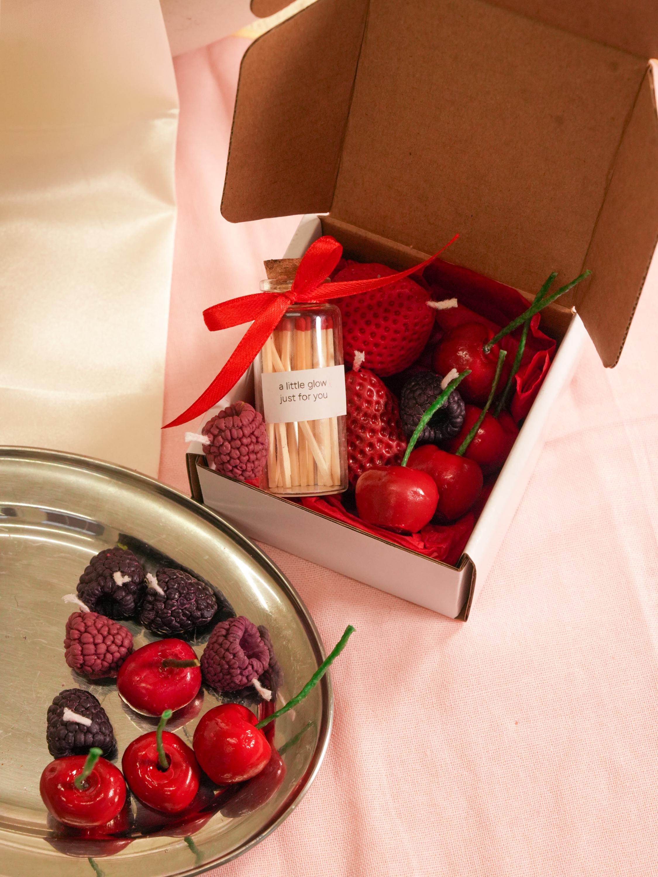 Mini Soy Wax Fruit Candle Set with matches  Realistic Berries - Strawberry, Cherry, Raspberry, blackberry