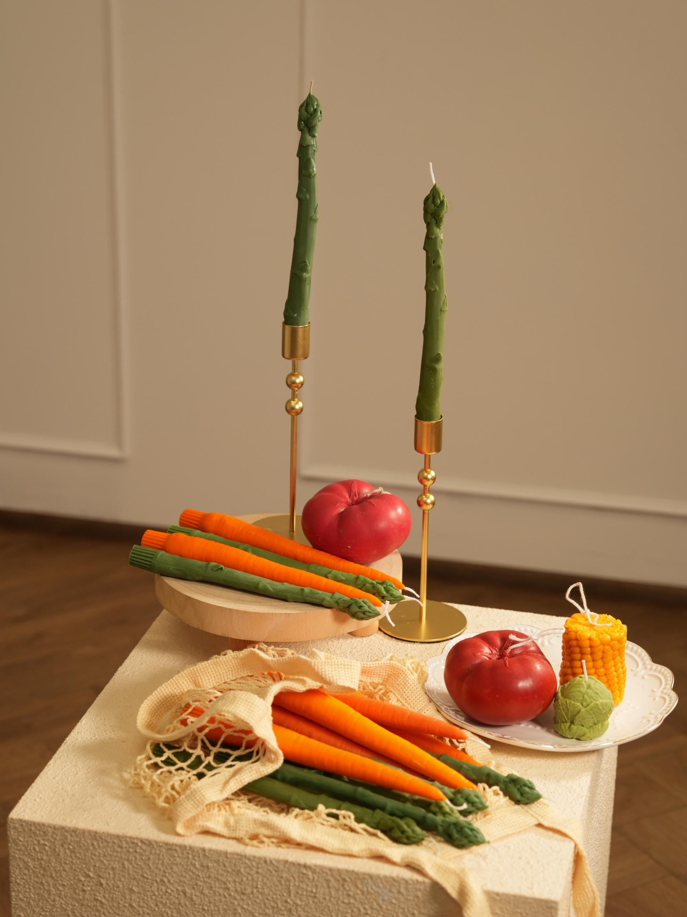 Carrot and Asparagus Taper Dinner  Candle — Handmade | 100% Soy Wax | Unscented | Easter & Spring Decor